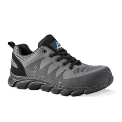 Grey Safety Trainer with black laces, black inner, black panel on heel and black sole. Grey patterned knitted material on outsole. ProMan branding on tongue.