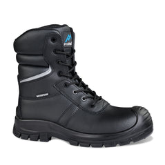 Black high leg safety boot with ankle support, laces, scuff cap, sole and grey panel on side.