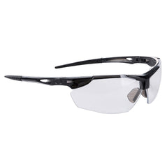 Clear lens defender safety spectacle with smoke nose clip and black frame.