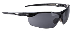 Smoke lens defender safety spectacle with smoke nose clip and black frame.