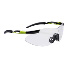 Portwest Saint Louis Safety Spectacle. Specs have clear lens, Black nose area, Black and green arms.