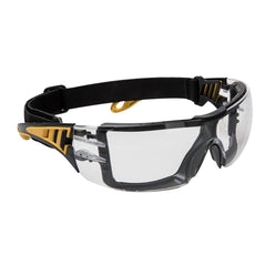Clear impervious tech safety spectacles with yellow trim and elasticated headband in black.