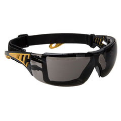Smoke impervious tech safety spectacles with yellow trim and elasticated headband in black.