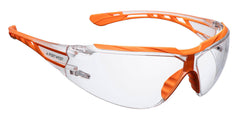 Portwest Dynamic Safety Glasses with orange arms, orange nose pads and top of brow and clear glass over eyes.