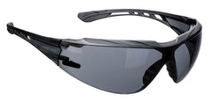 Portwest Dynamic Safety Glasses with black arms, black nose pads and top of brow and grey smoke glass over eyes.