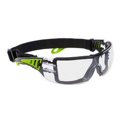Clear Lens portwest tech look plus spectacle. Spectacle has black elasticated headband, black spec frame and green contrast.