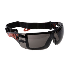 Smoke Lens portwest tech look plus spectacle. Spectacle has black elasticated headband, black spec frame and orange contrast.