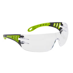 Clear Lens portwest tech look spectacle. Spectacles have black and green contrast frames.