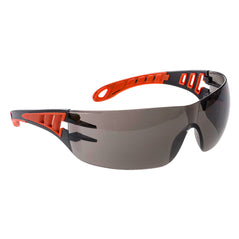 Smoke Lens portwest tech look spectacle. Spectacles have black and orange contrast frames.