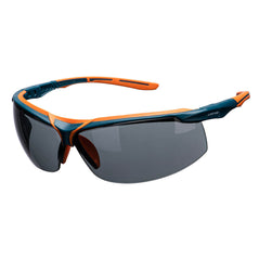 Portwest Mega Safety Glasses with grey smoke tinted lenses and orange and teal frames.
