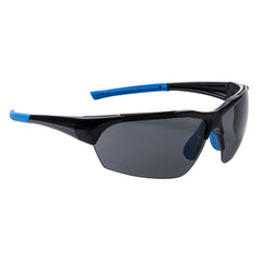 Portwest Polar star spectacles. Specs have a smoke lens, black frame and blue ends of the arm and nose area.
