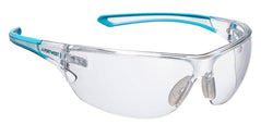 Portwest Essesntial Safet Glasses with clear lenses, clear frame at front and teal arms.