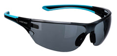 Portwest Essesntial Safet Glasses with grey smoke tinted lenses, black frame at front and teal arms.