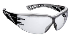 Portwest Dynamic Plus Safety Glasses with clear lenses, grey front frame and inside of arms and black outside of arms.