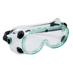 Clear portwest chemical Goggle. Goggle has an elasticated strap for tightening and vents for anti mist, both are in black. Goggles have green contrast on the front and clips for the straps.