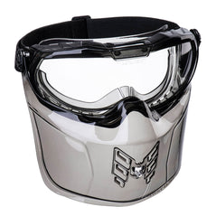Portwest Ultra Safe Goggles with clear lenses, black frame around eyes, grey face guard and black head strap.