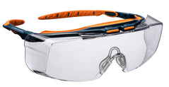 Portwest Peak Safety Glasses clear lenses across whole front and side panels. Grey and orange frame and arms.