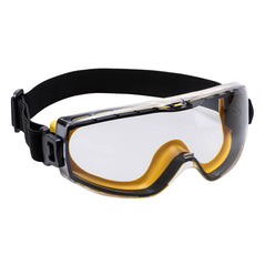Clear impervious safety goggle with yellow trim and black elasticated headband.