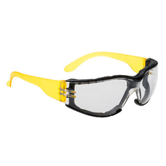 Clear lens portwest wrap around plus safety spectacle. Spectacle has yellow arms and black frame.