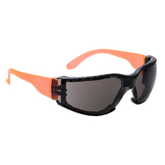 Smoke lens portwest wrap around plus safety spectacle. Spectacle has orange arms and black frame.