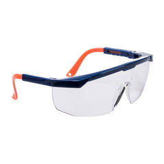 Clear safety spectacle with blue and orange frame.