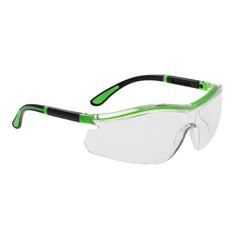 Portwest Neon safety spectacles. Spectacles have neon green on the arms and frame, frame is black and lens are clear.