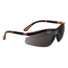 Portwest Neon safety spectacles. Spectacles have neon orange on the arms and frame, frame is black and lens are smoke.
