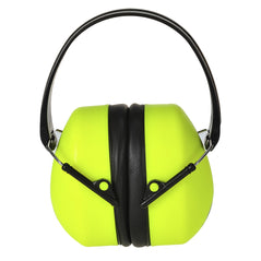Hi Vis Yellow portwest ear protector. Ear muffs have a black headband, Hi Vis Yellow outer and black padded ear area.