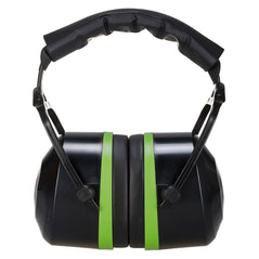 Black portwest top ear muff. Ear defenders have black padding around the ears and headband, black headband, black ear outer and green contrast before the ear padding.