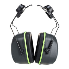Grey portwest premium clip on ear protector. Ear muffs have green contrast around the black ear padding.