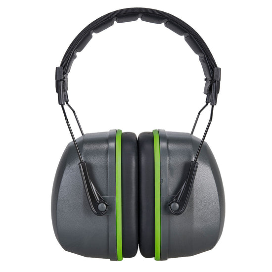 Grey portwest premium ear protector. Ear muffs have green contrast around the black ear padding. Headband also has black padding.