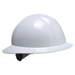 White full brim future hard hat with black straps.