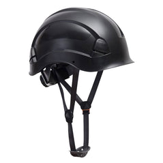 Black Height endurance hard hat with black chin straps and wheel ratchet size adjustment.