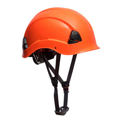 Orange Height endurance hard hat with black chin straps and wheel ratchet size adjustment.