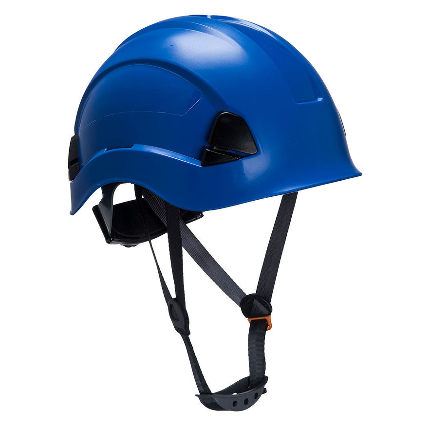 Blue Height endurance hard hat with black chin straps and wheel ratchet size adjustment.