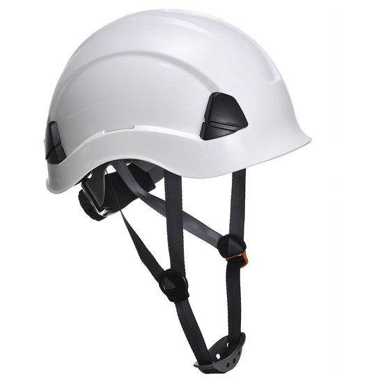 White Height endurance hard hat with black chin straps and wheel ratchet size adjustment.