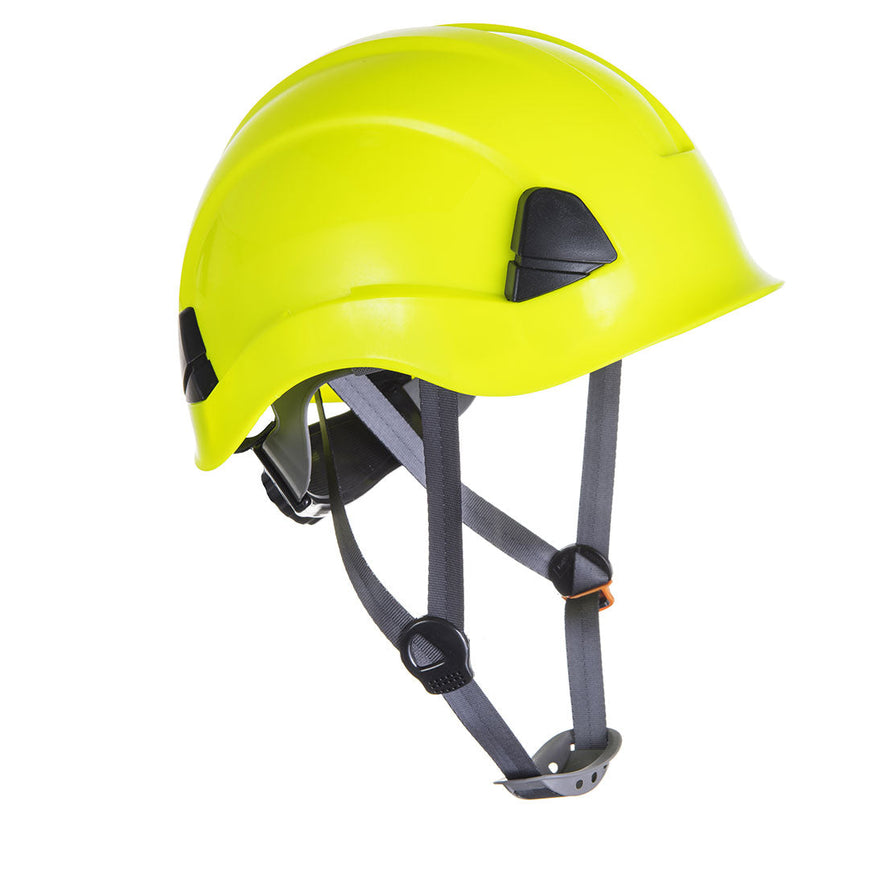 Yellow Height endurance hard hat with black chin straps and wheel ratchet size adjustment.