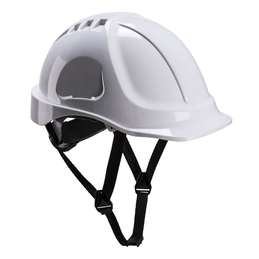 White endurance plus hard hat with black chin straps.