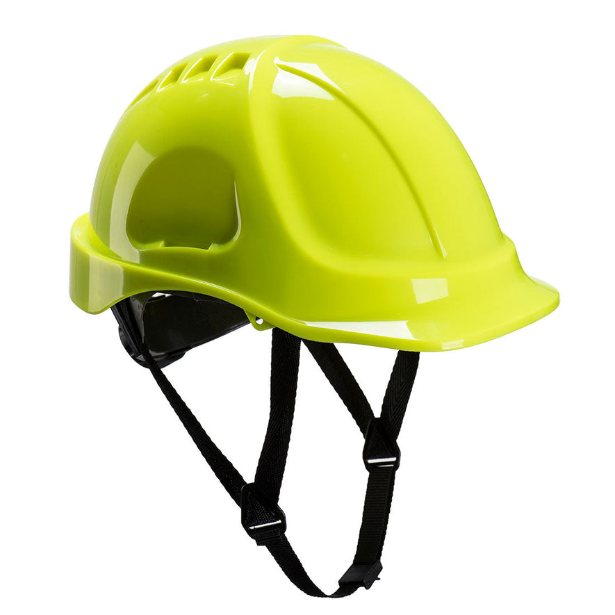 Yellow endurance plus hard hat with black chin straps.