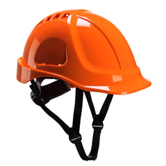 Orange endurance hard hat with black chin straps.