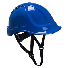 Blue endurance hard hat with black chin straps.