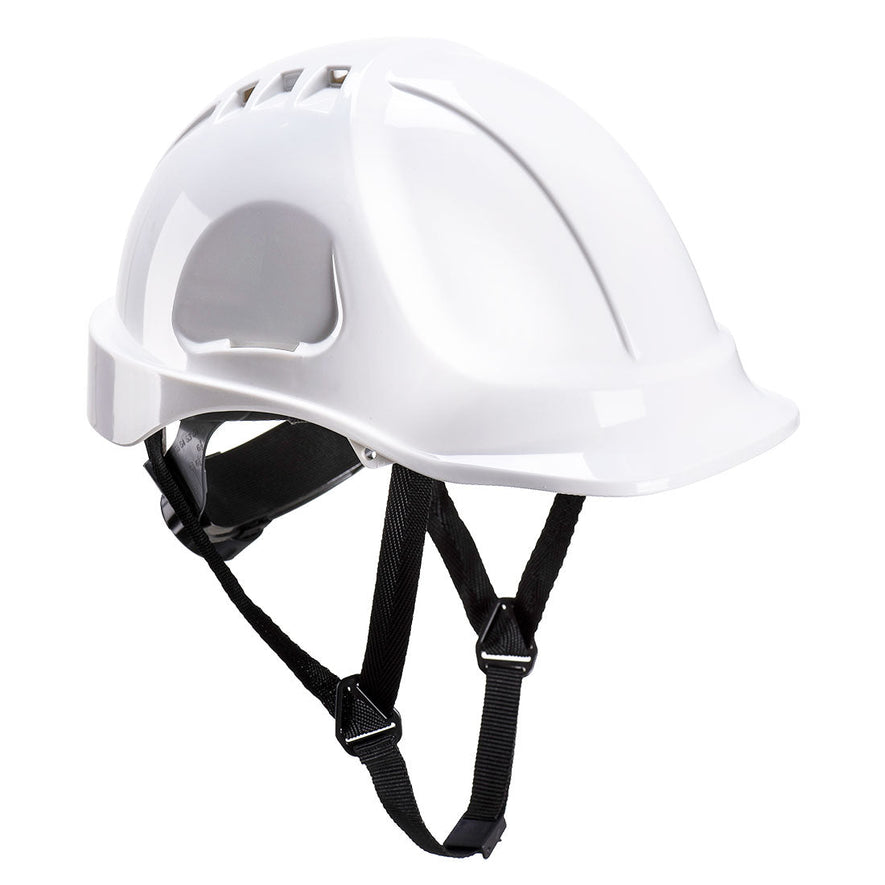 White endurance hard hat with black chin straps.