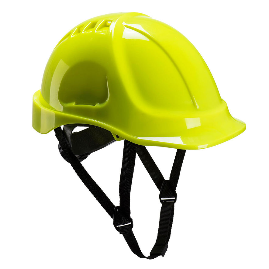 Yellow endurance hard hat with black chin straps.