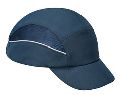 Navy bump cap with short peak, mesh side and a white trim line.