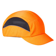 Orange bump cap with short peak, black mesh side and a grey trim line.