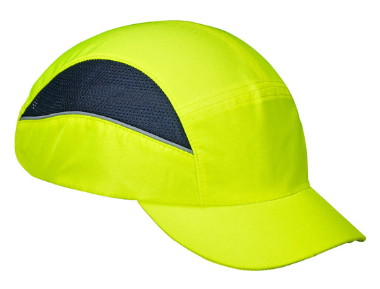 Yellow bump cap with short peak, navy mesh side and a grey trim line.