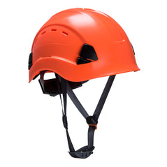 Orange Height endurance vented hard hat with black chin straps.