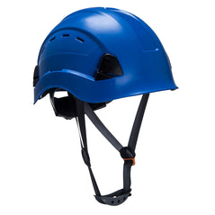 Blue Height endurance vented hard hat with black chin straps.