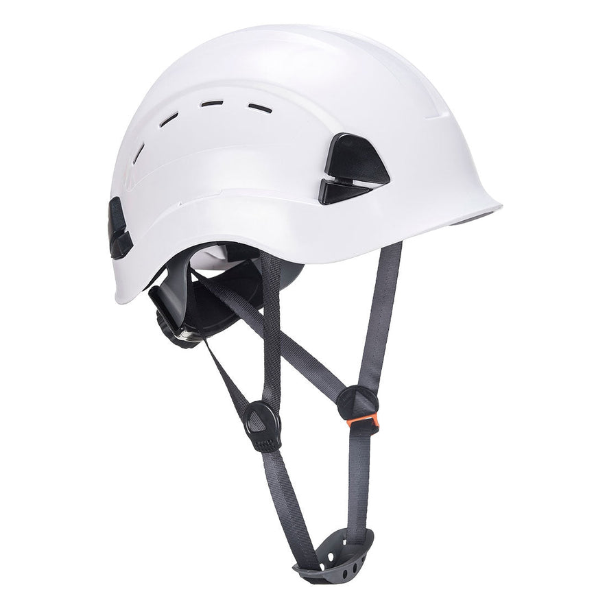 White Height endurance vented hard hat with black chin straps.