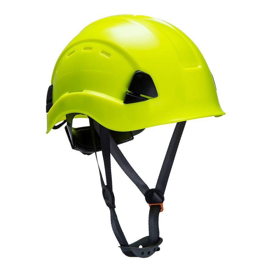 Yellow Height endurance vented hard hat with black chin straps.